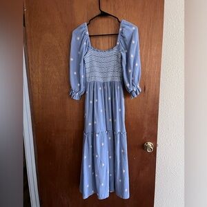 Amazon Blue Smocked Maxi Dress with White Floral Embroidery